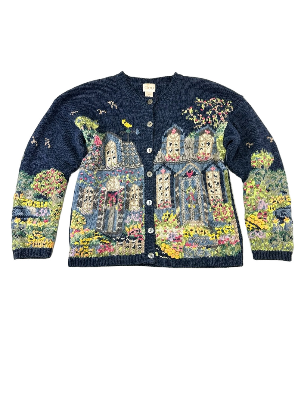 Vintage 90s Cleo Townhouse Novelty Cardigan Medium Cottagecore Storybook
